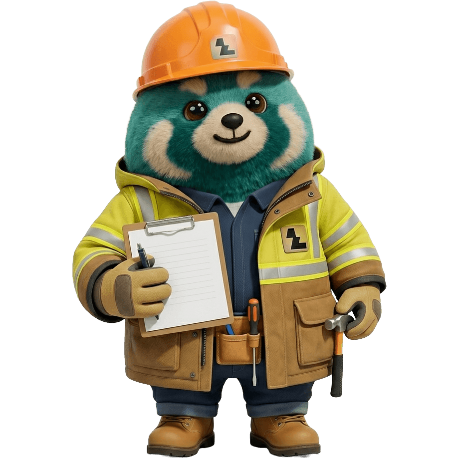 Leestow, la mascotte Lesto, en tenue de chantier avec casque et bloc-notes